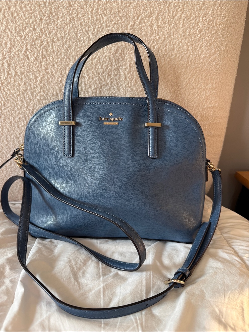 kate spade Blue Leather Dome Satchel with Crossbody Strap